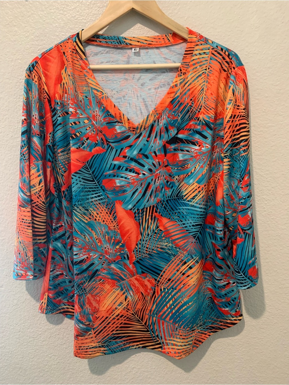 Floral Leaves Women’s V-Neck Tropical Print Top in Teal and Coral Orange red